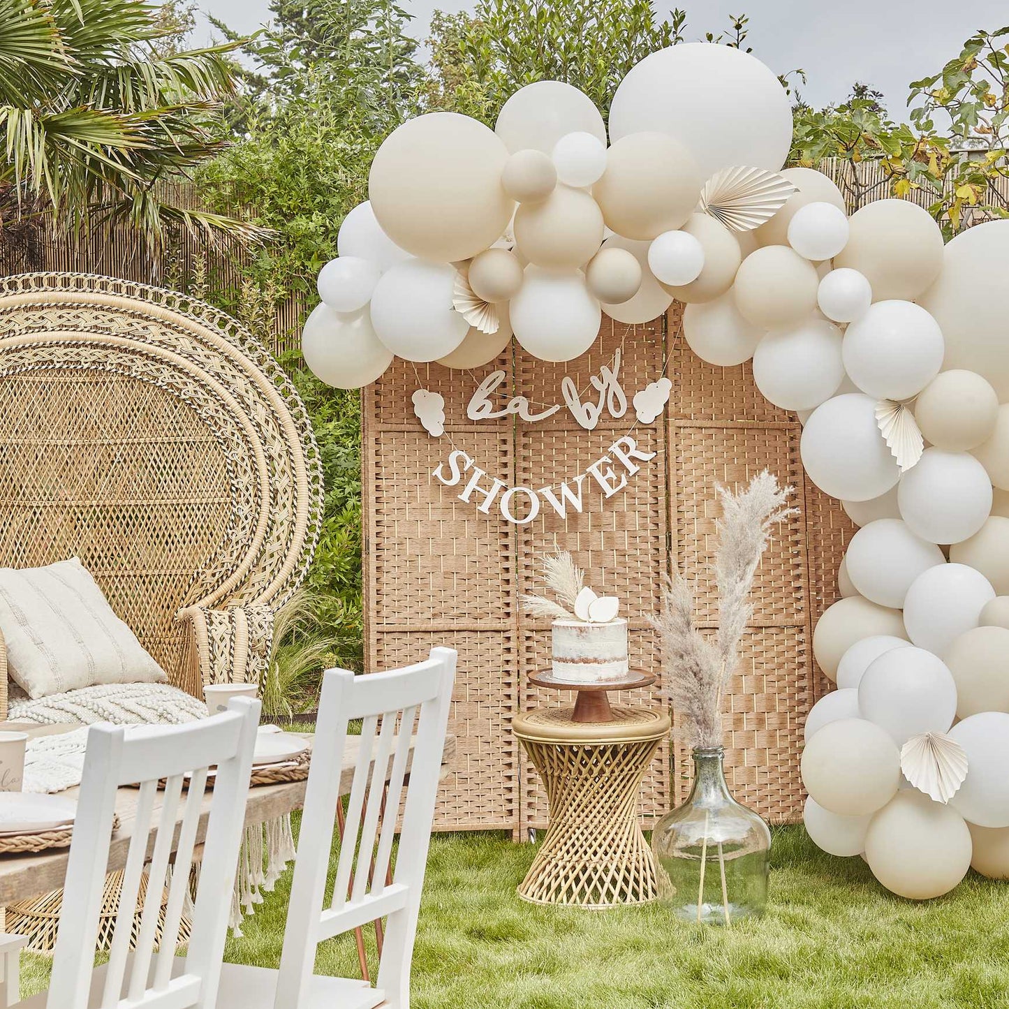 nude white balloon arch with paper fans party decor Australia