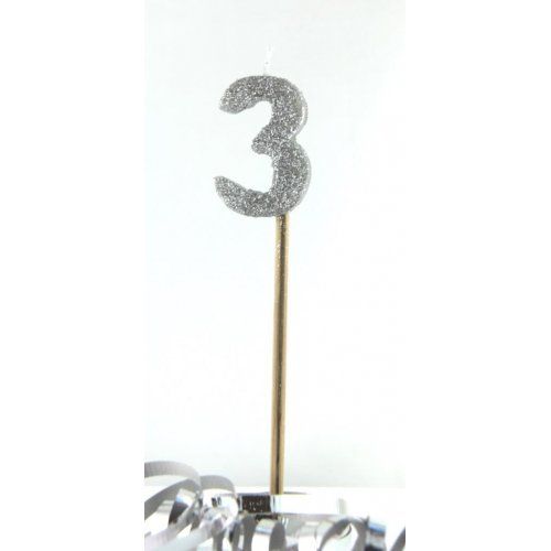 silver glitter number 3 candle long stick cake decoration
