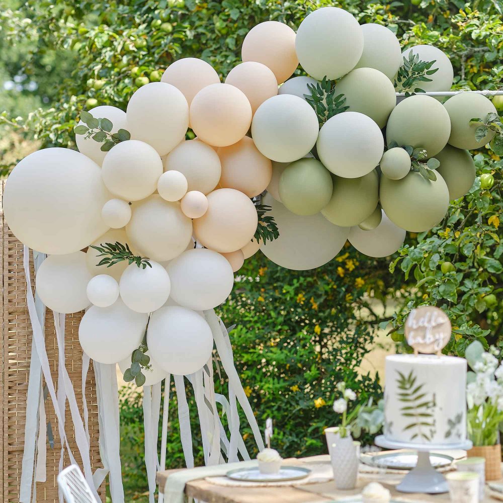 taupe peach sage balloon arch with eucalyptus foliage streamers party décor australia