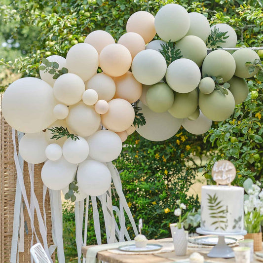 taupe peach sage balloon arch with eucalyptus foliage streamers party décor australia