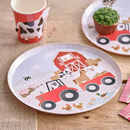 Barnyard birthday party plates with farm animal illustrations