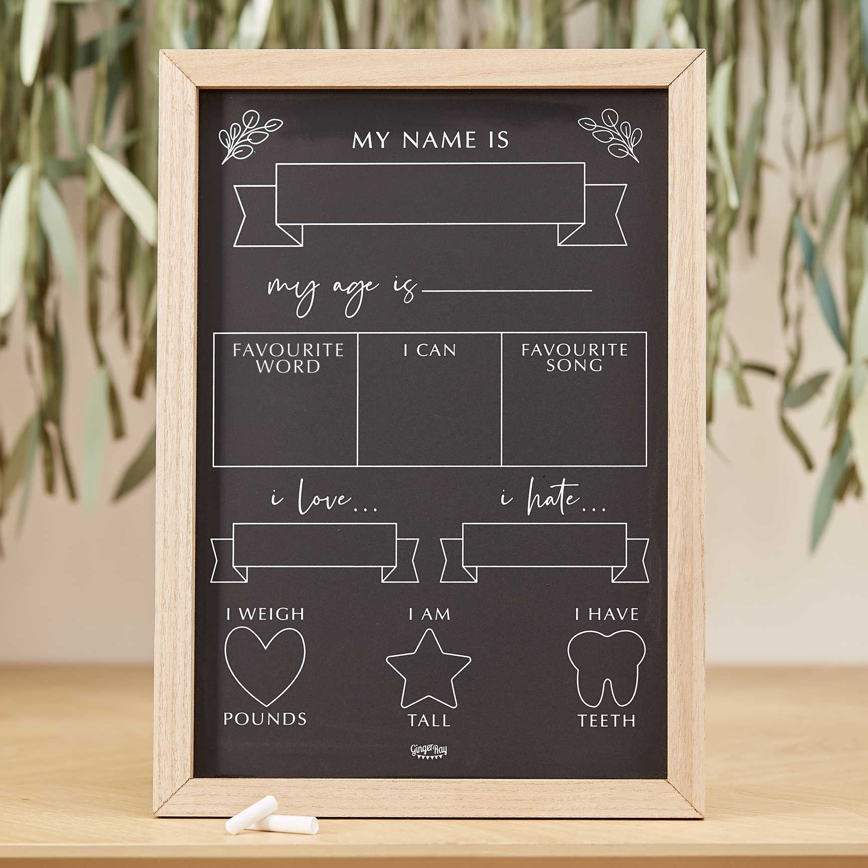 baby milestone chalkboard sign wooden frame neutral newborn photo prop party and pout australia