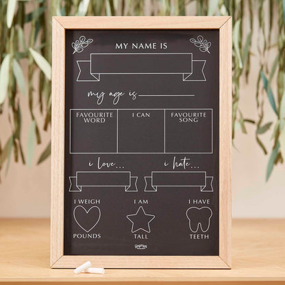 baby milestone chalkboard sign wooden frame neutral newborn photo prop party and pout australia