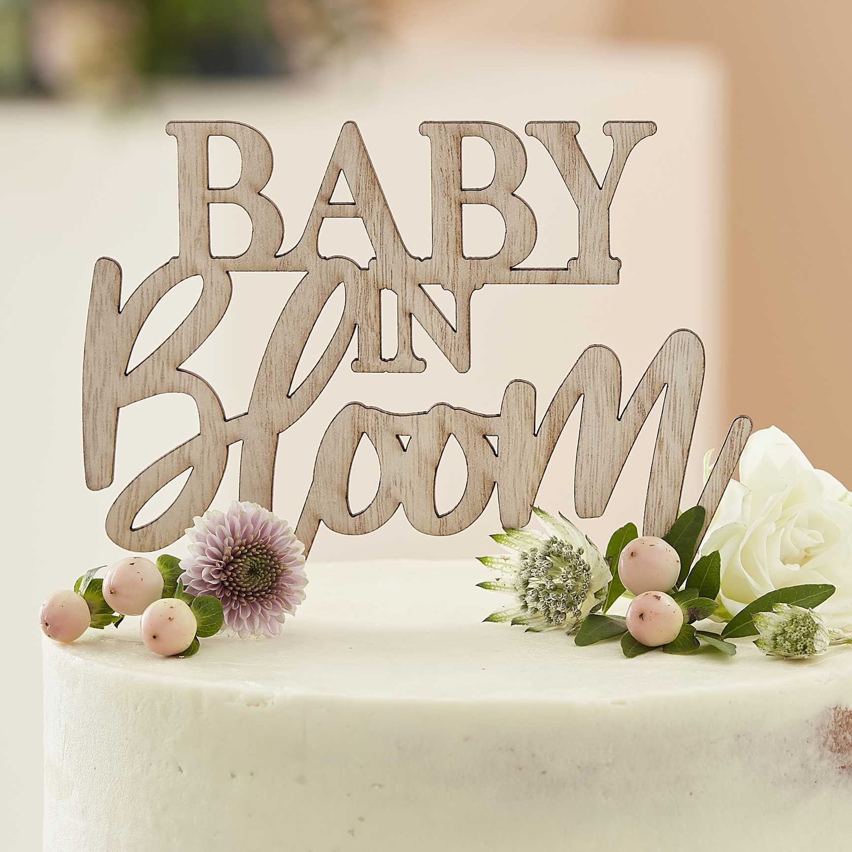 Wooden Baby In Bloom Baby Shower Cake Topper - cake toppers and dessert table decorations from Party & Pout Australia