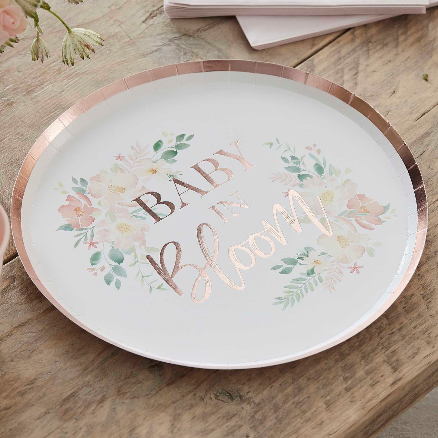 Rose Gold Floral Baby in Bloom Baby Shower Paper Party Plates - party plates and tableware from Party & Pout Australia