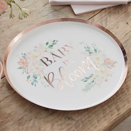 Rose Gold Floral Baby in Bloom Baby Shower Paper Party Plates - party plates and tableware from Party & Pout Australia