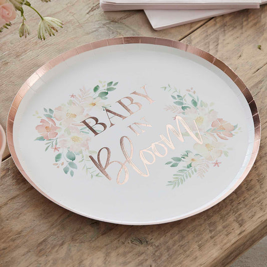 Rose Gold Floral Baby in Bloom Baby Shower Paper Party Plates - party plates and tableware from Party & Pout Australia