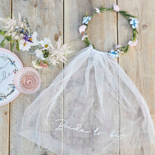Floral Bride To Be Bridal Shower Hens Party Headband Veil Crown - party supplies and decorations from Party & Pout Australia