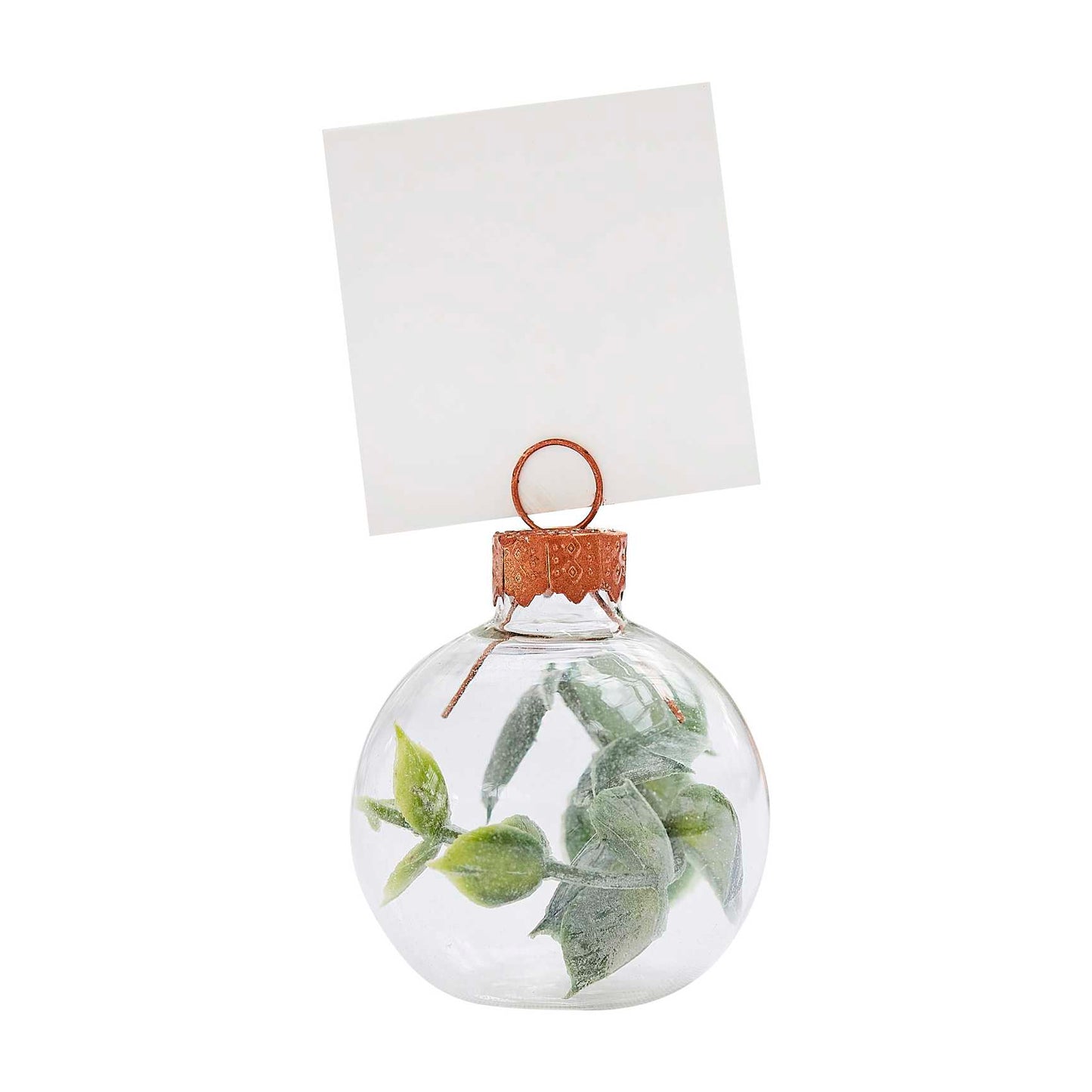 clear bauble place card holders with faux eucalyptus sprigs rustic botanical event styling party and pout australia