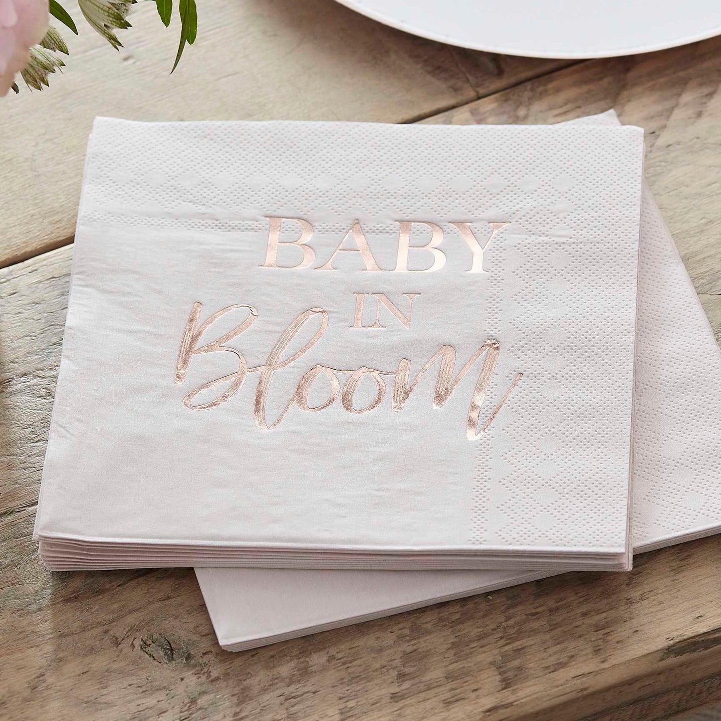 White & Rose Gold Baby in Bloom Baby Shower Napkins - party napkins and serviettes from Party & Pout Australia