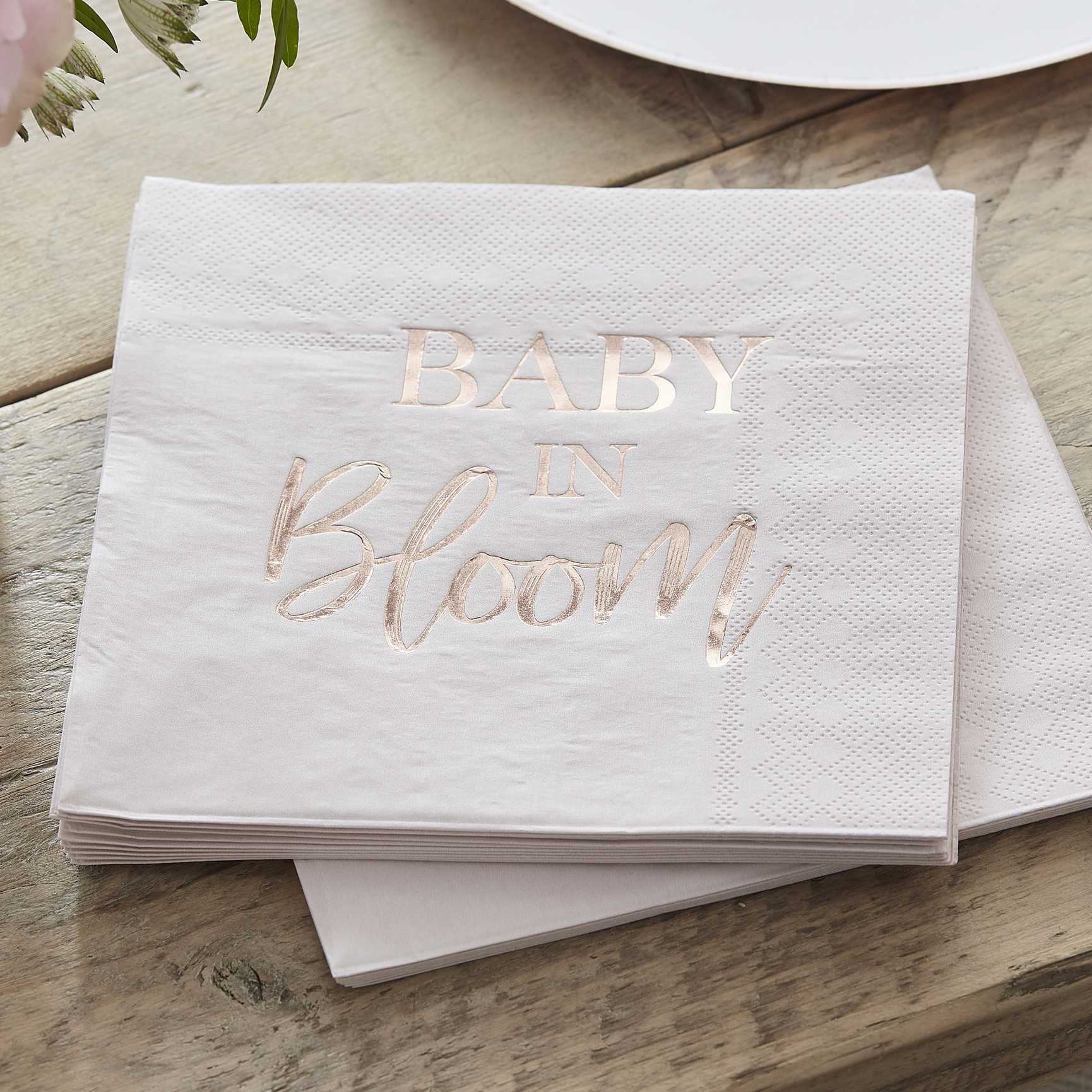 White & Rose Gold Baby in Bloom Baby Shower Napkins - party napkins and serviettes from Party & Pout Australia
