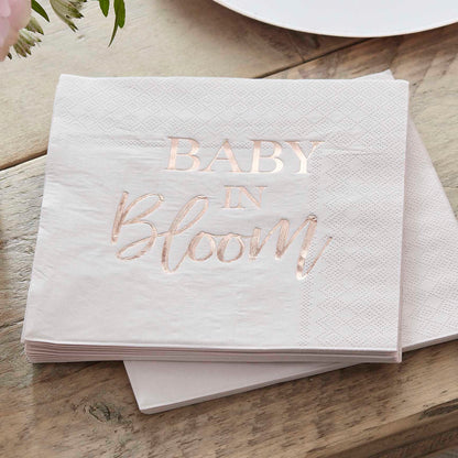 White & Rose Gold Baby in Bloom Baby Shower Napkins - party napkins and serviettes from Party & Pout Australia