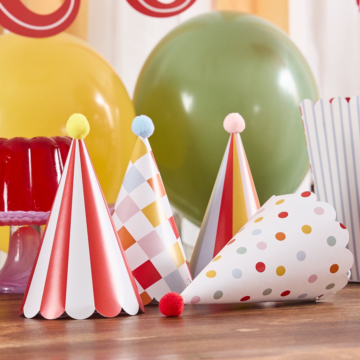 circus carnival party hats with pom poms pack of 8 – kids birthday supplies Australia