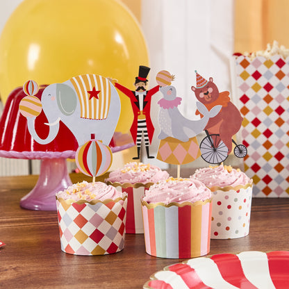 circus carnival cupcake wrappers and food picks set – colourful kids party baking supplies Australia
