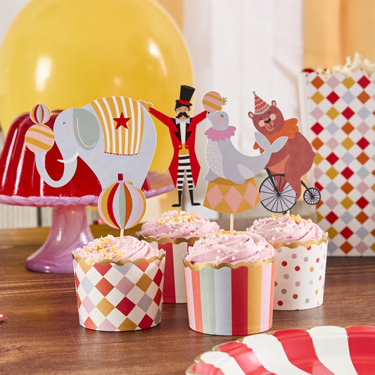 circus carnival cupcake wrappers and food picks set – colourful kids party baking supplies Australia