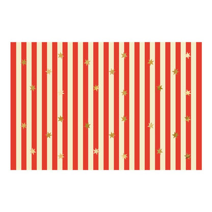 red striped circus table cover with gold stars – carnival party table décor Australia