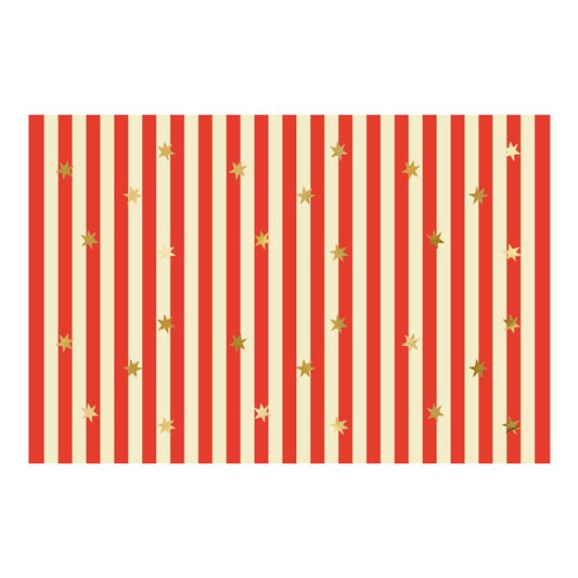 red striped circus table cover with gold stars – carnival party table décor Australia