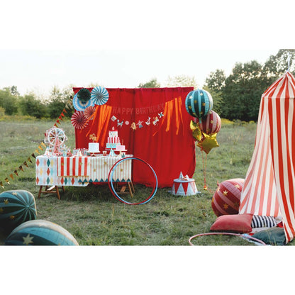 circus themed red stripe tablecloth with gold star design – kids birthday décor