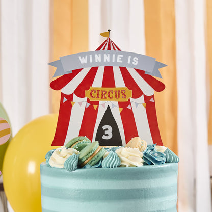 Customisable circus tent cake topper 17.5cm – red and white birthday cake decoration Australia