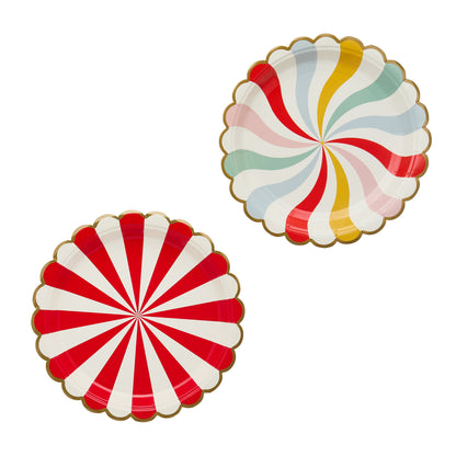 red and colourful striped carnival theme plates – funfair birthday tableware for children
