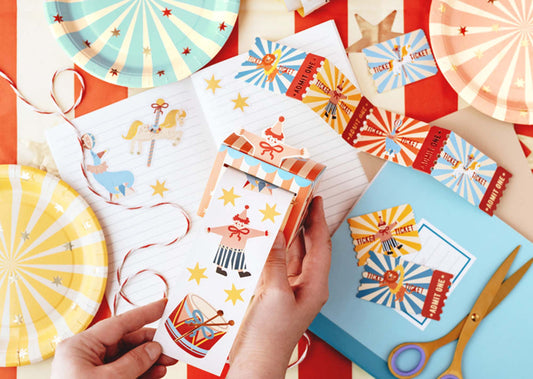 circus entry tickets and sticker set – colourful kids party supplies Australia