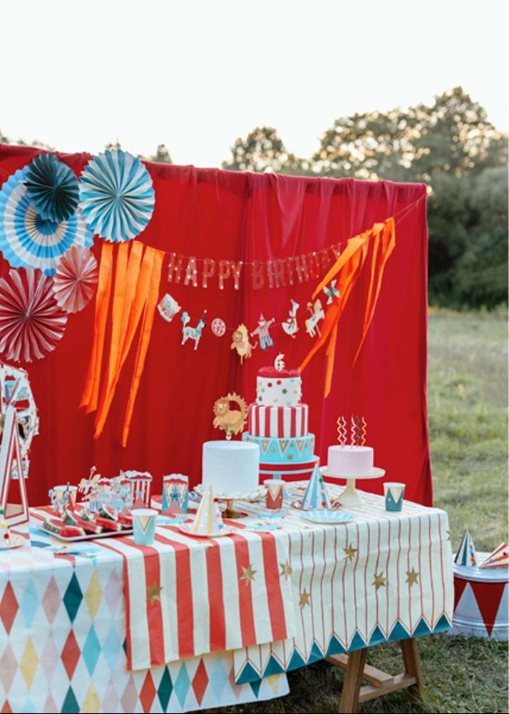 striped circus table cover with gold stars – carnival party table décor Australia