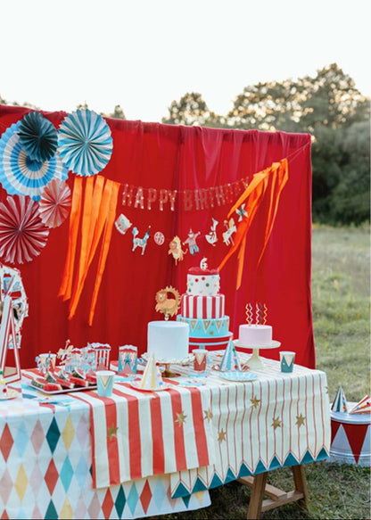 striped circus table cover with gold stars – carnival party table décor Australia