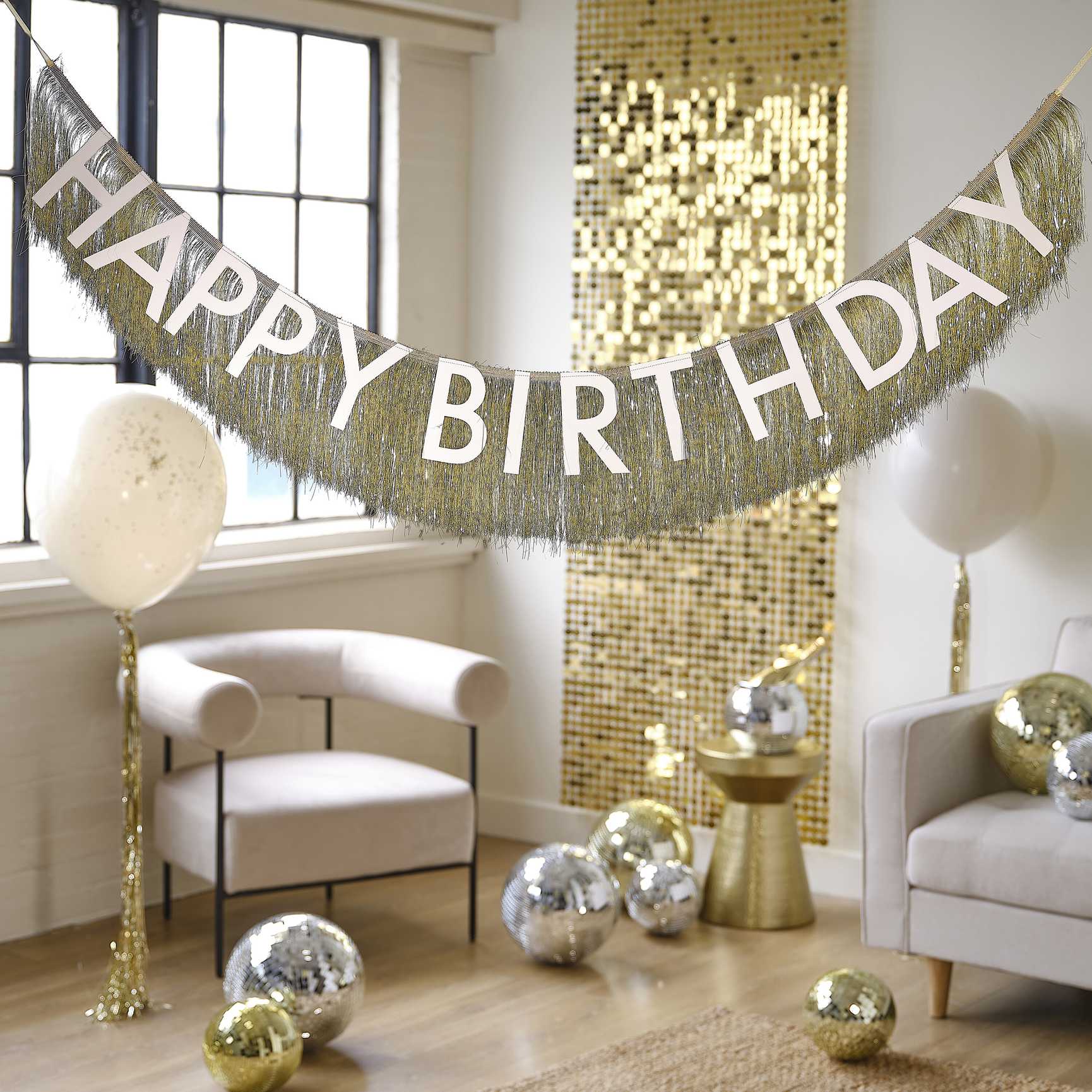 Gold Fringe Happy Birthday Bunting Banner - banners, bunting and hanging decorations from Party & Pout Australia