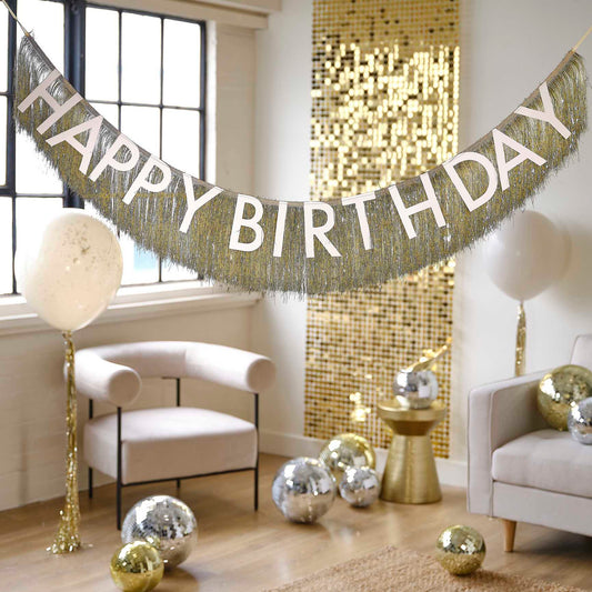 Gold Fringe Happy Birthday Bunting Banner - banners, bunting and hanging decorations from Party & Pout Australia