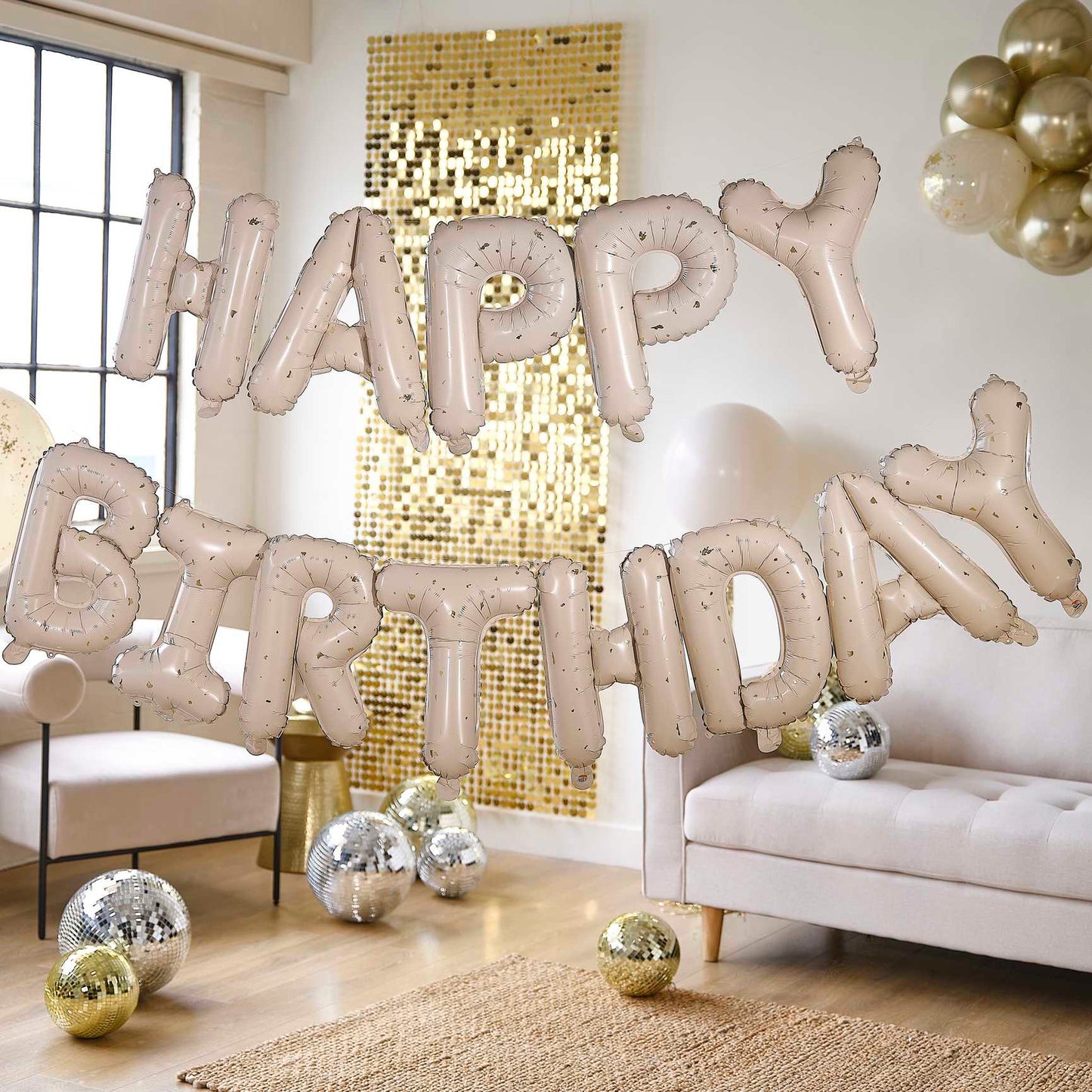 nude and gold speckle Happy Birthday balloon bunting decoration