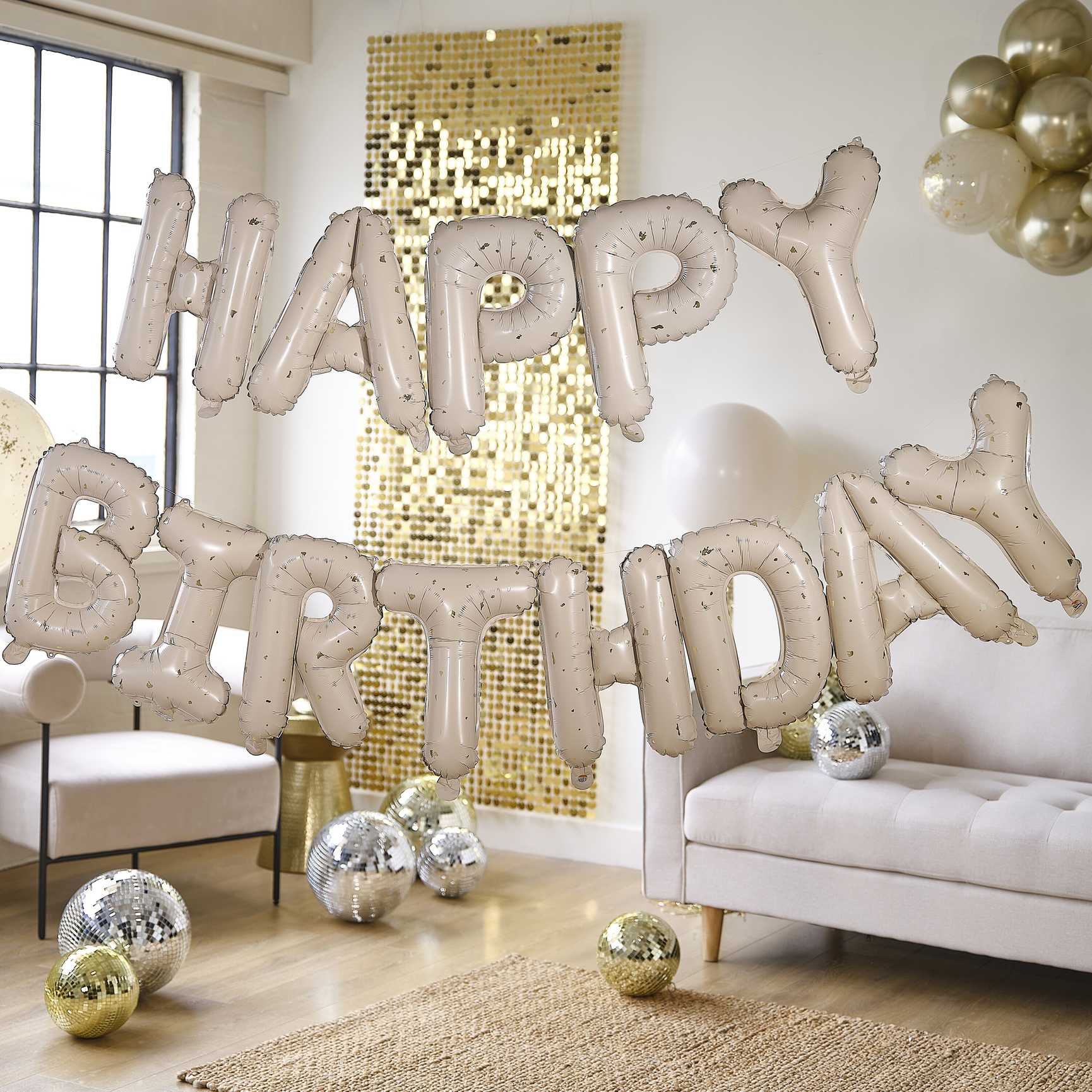 nude and gold speckle Happy Birthday balloon bunting decoration