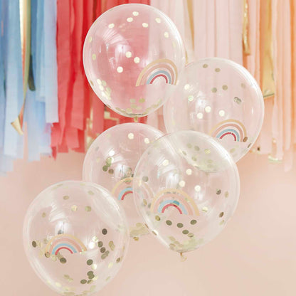 rainbow and gold confetti balloons 5 pack party décor australia