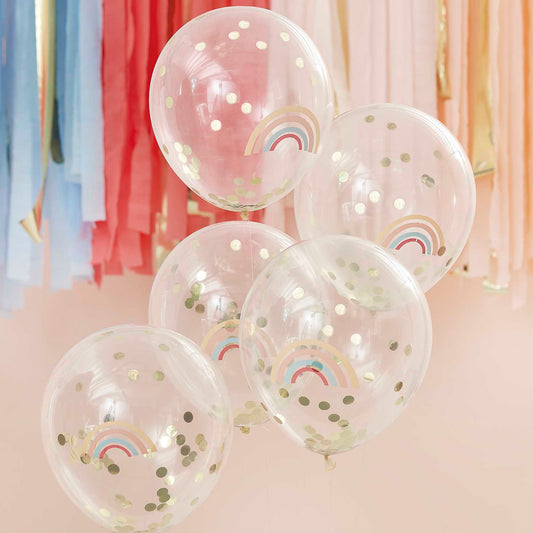 rainbow and gold confetti balloons 5 pack party décor australia