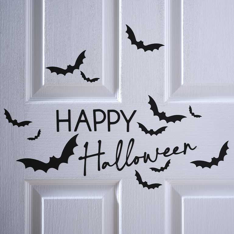 happy halloween black door sticker with bats – halloween décor australia