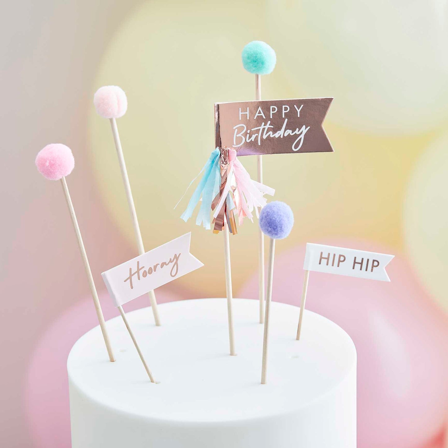Rainbow Pom Pom Happy Birthday Cake Cupcake Toppers - party cups and drinkware from Party & Pout Australia