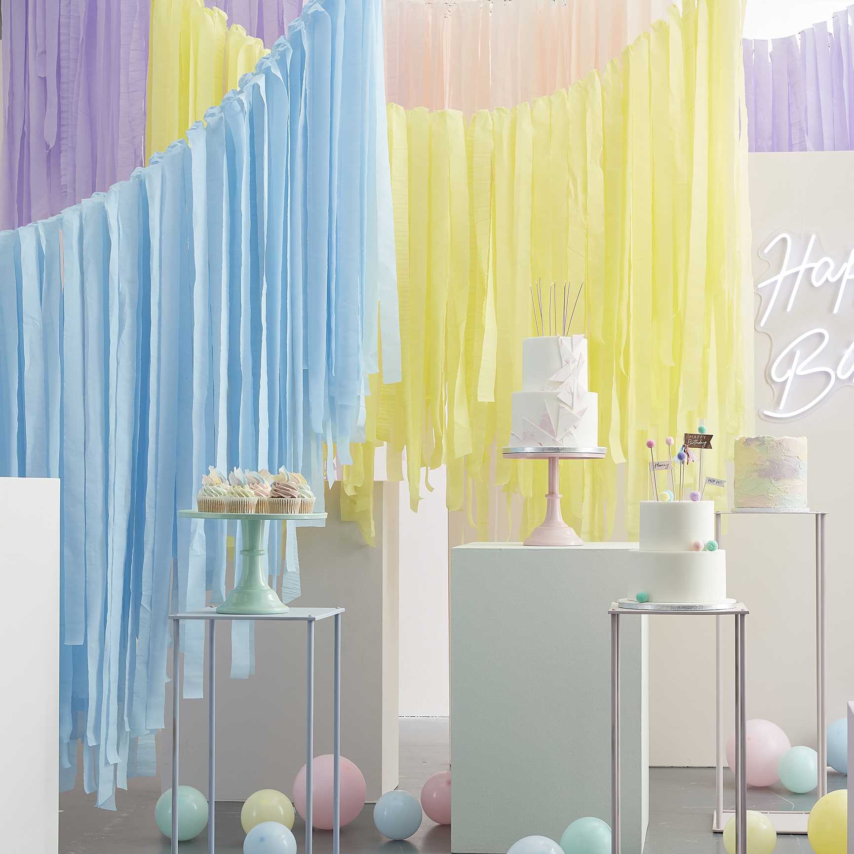 Hanging pastel streamers for birthday baby shower party decorations