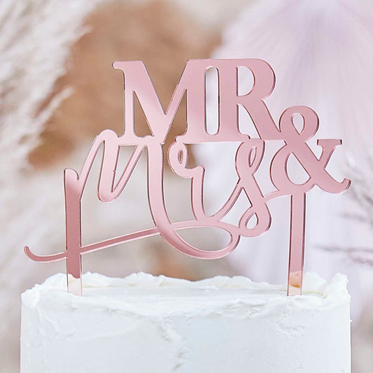 Rose Gold Acrylic Mr & Mrs Wedding Cake Topper - cake toppers and dessert table decorations from Party & Pout Australia