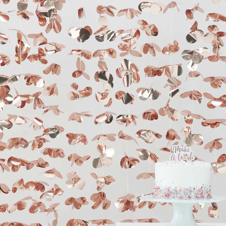 shimmering rose gold floral foil curtain backdrop event decorations