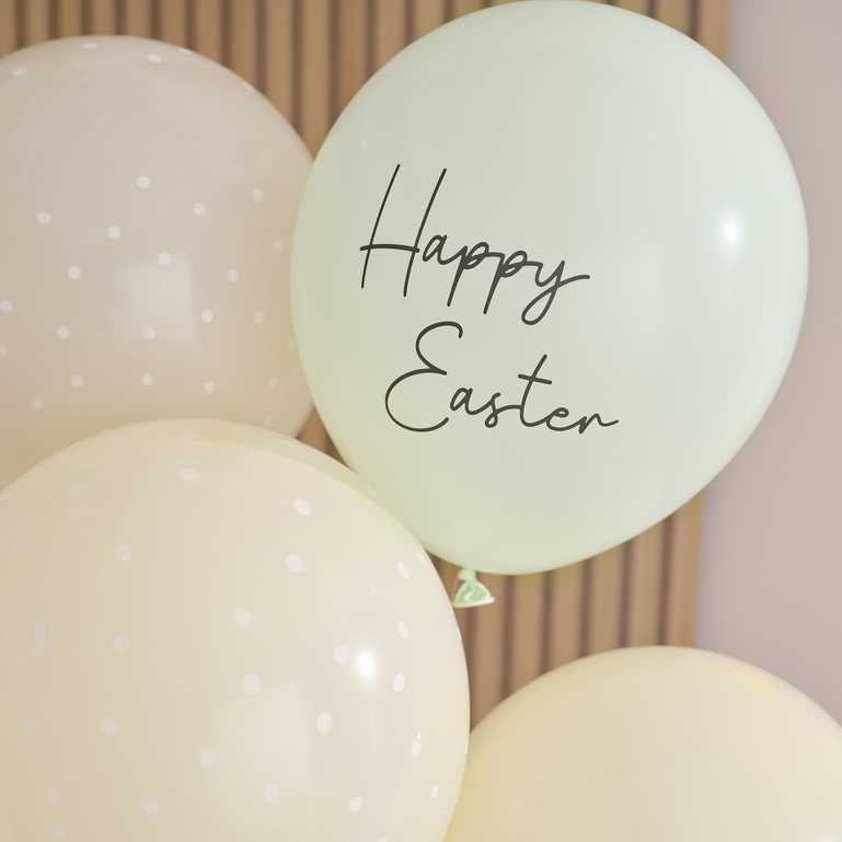 Easter balloons with Happy Easter text in soft pastel colours