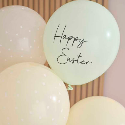 Easter balloons with Happy Easter text in soft pastel colours