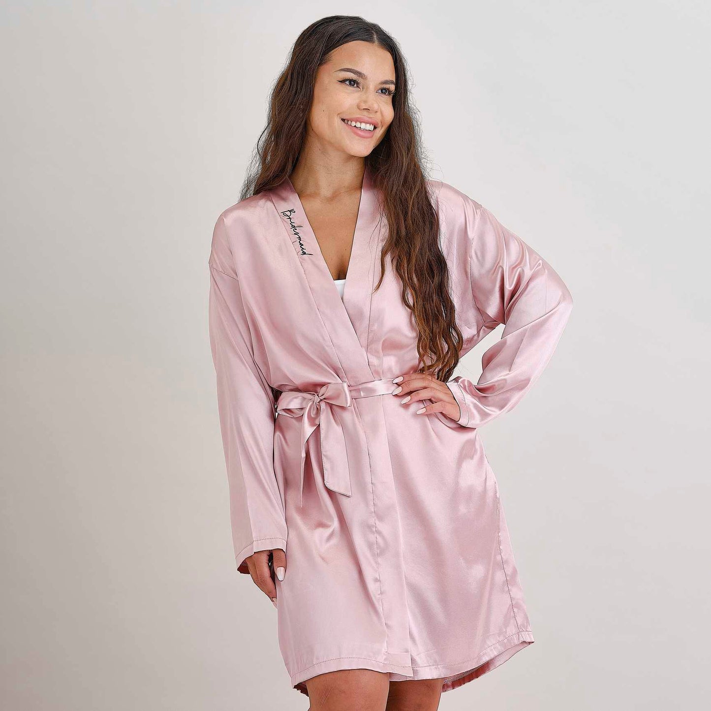 white satin bridesmaid dressing gown robe for wedding morning prep