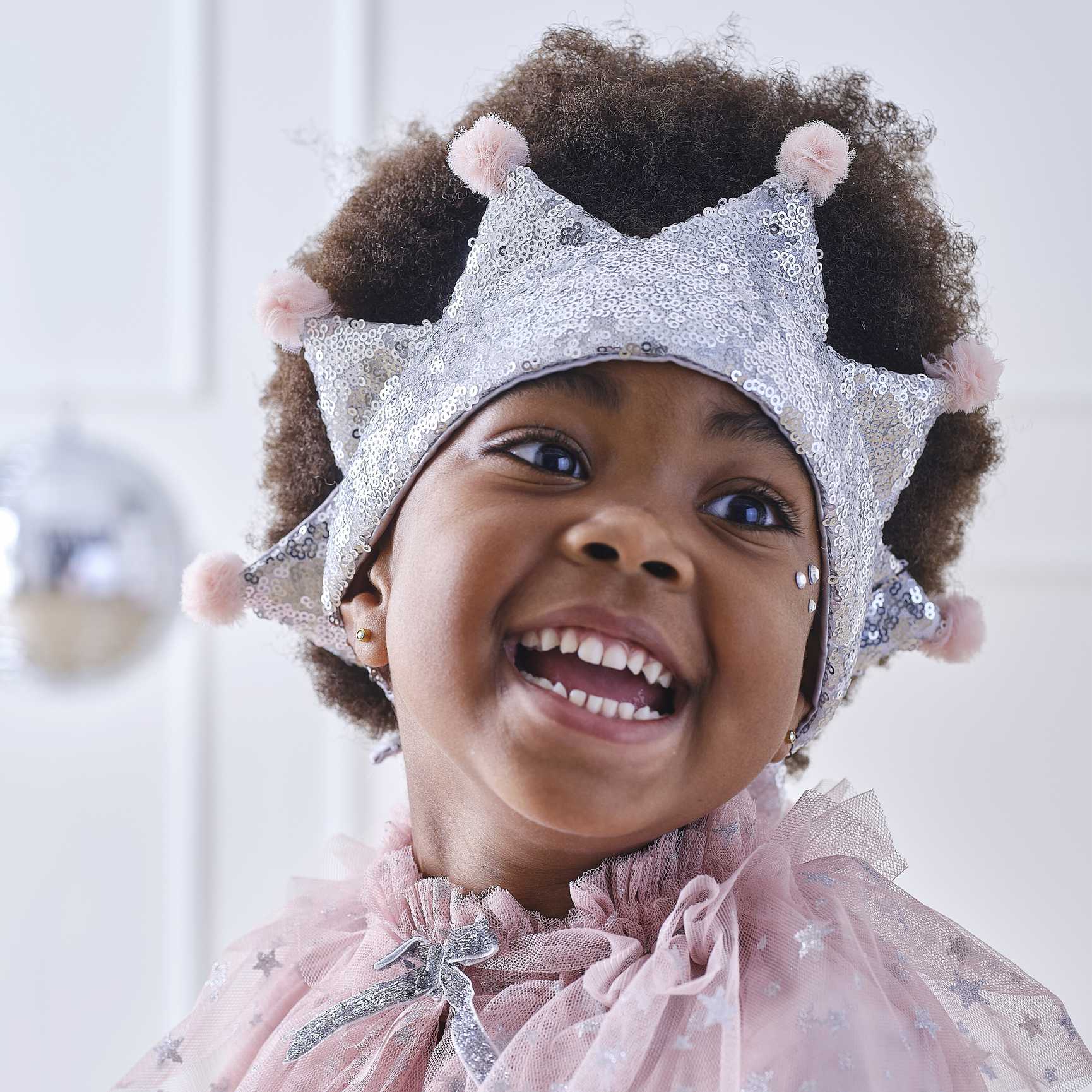 Silver Sequin Pom Pom Kids Princess Headband Crown - party costumes and dress ups from Party & Pout Australia