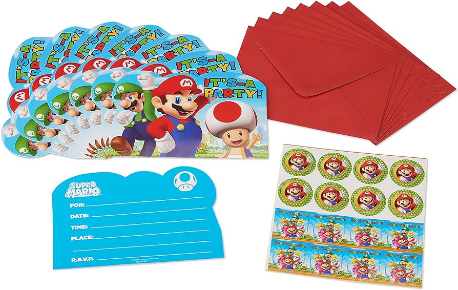 Super Mario theme birthday invite cards with stickers – children’s party décor