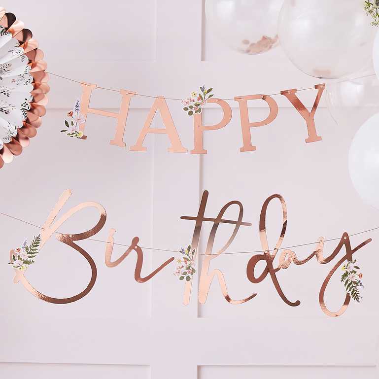 Floral Rose Gold Happy Birthday Letter Bunting Banner - banners, bunting and hanging decorations from Party & Pout Australia