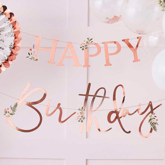 Floral Rose Gold Happy Birthday Letter Bunting Banner - banners, bunting and hanging decorations from Party & Pout Australia