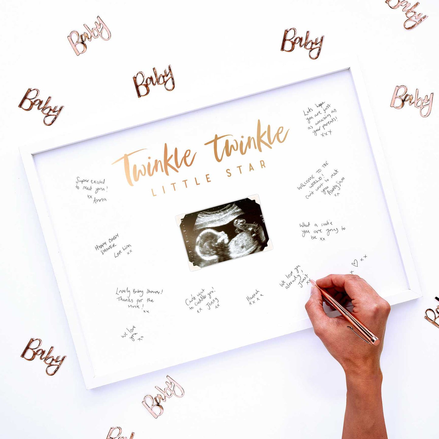 baby scan frame baby shower guest book alternative wooden rose gold foil frame party and pout australia