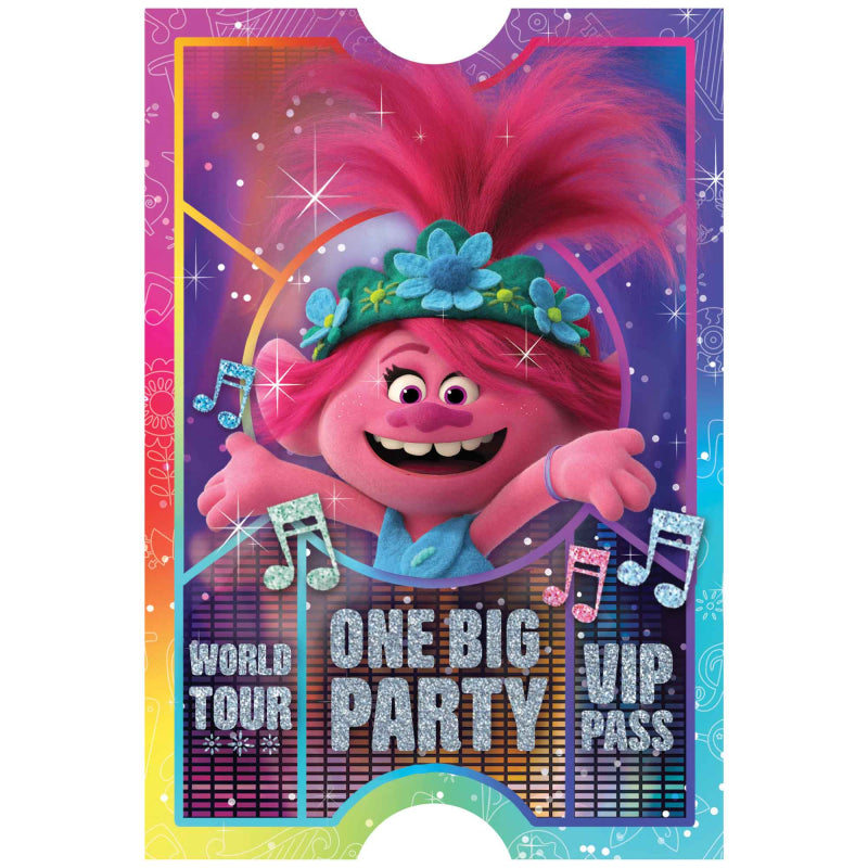 colourful Trolls themed birthday invite cards – children’s party invitations