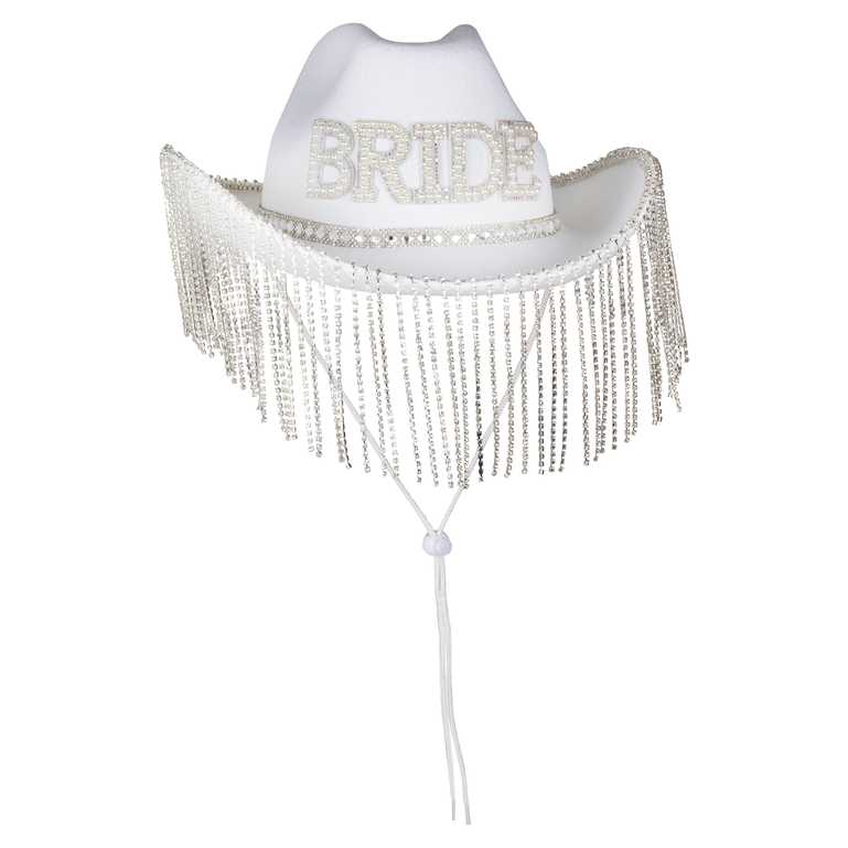 bridal cowgirl hat with tassels and “Bride” styling for bachelorette party