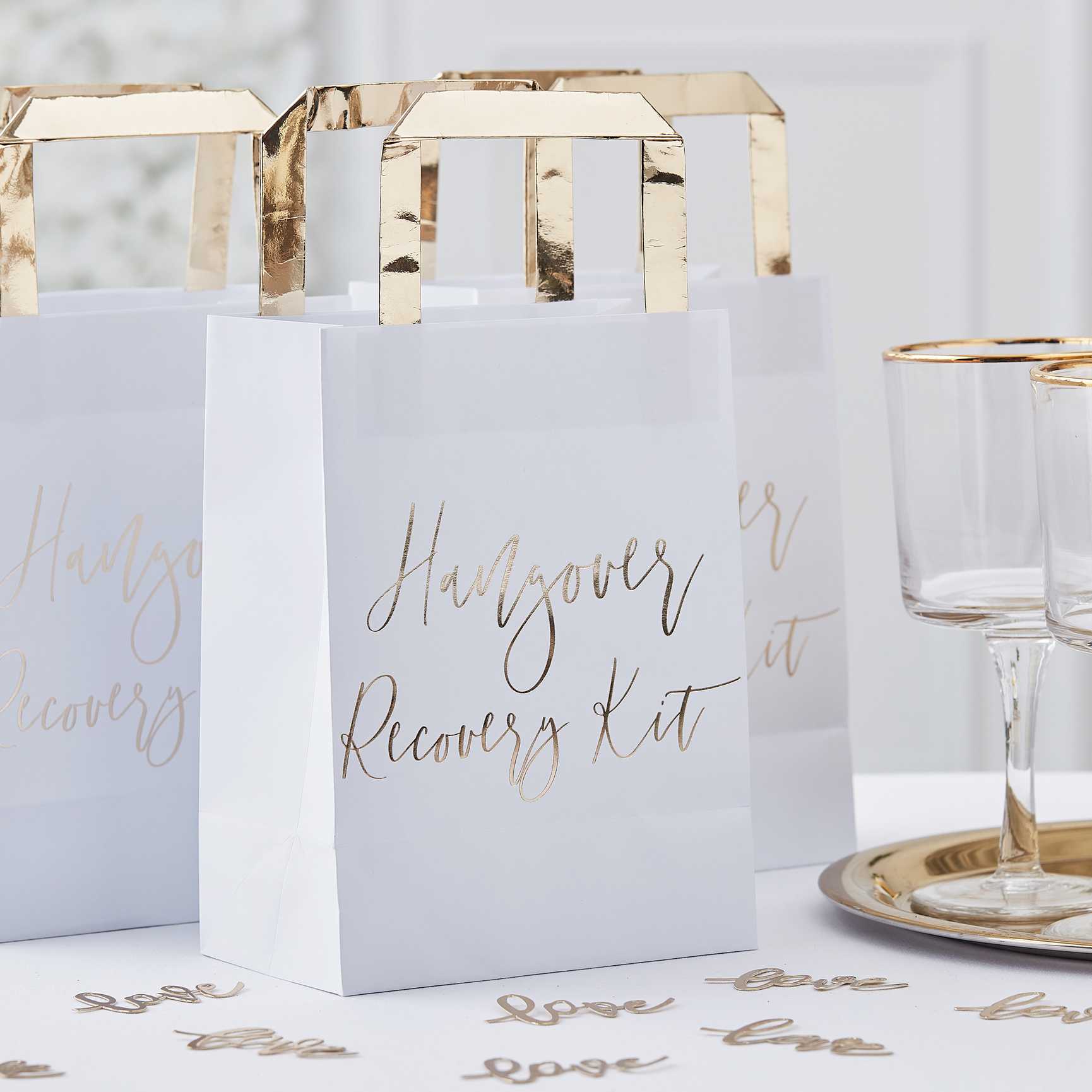 White & Gold Wedding Guests Hangover Recovery Kit Bags - party favour bags, treat boxes and gift packaging from Party & Po...