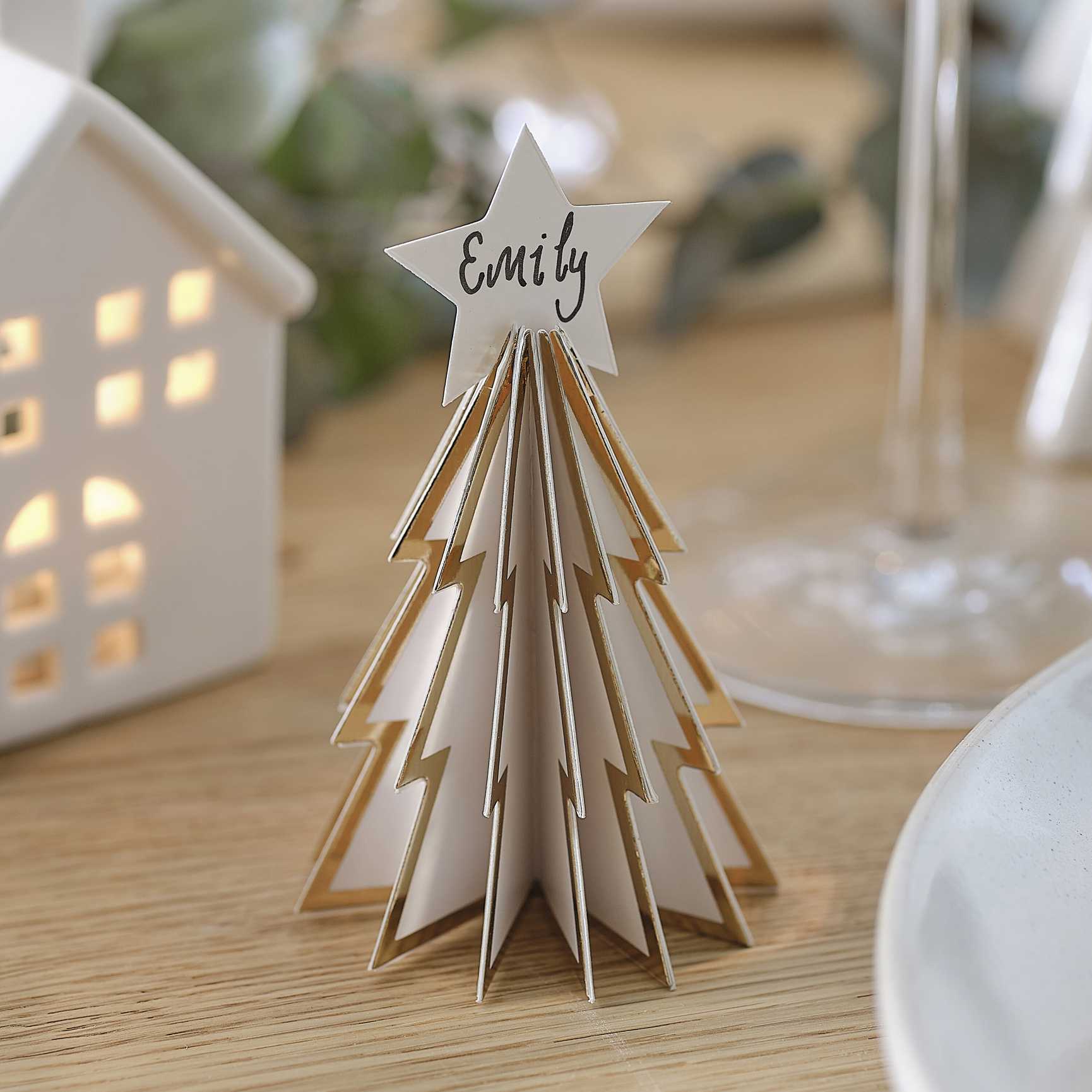 White and Gold Christmas Tree Name Place Cards - Christmas party decorations and tableware from Party & Pout Australia